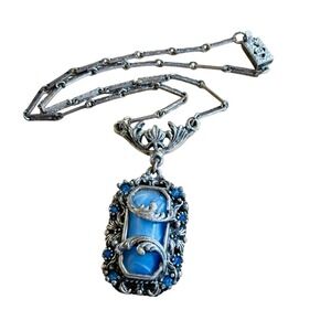 VTG Selro Art Nouveau Style necklace Unsigned Blue Silver tone Choker Regal 15"